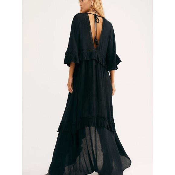 Free People Dresses & Skirts - Free People Black Button Down Ruffled Eyelet Lace Maxi Dress Women's Size XS